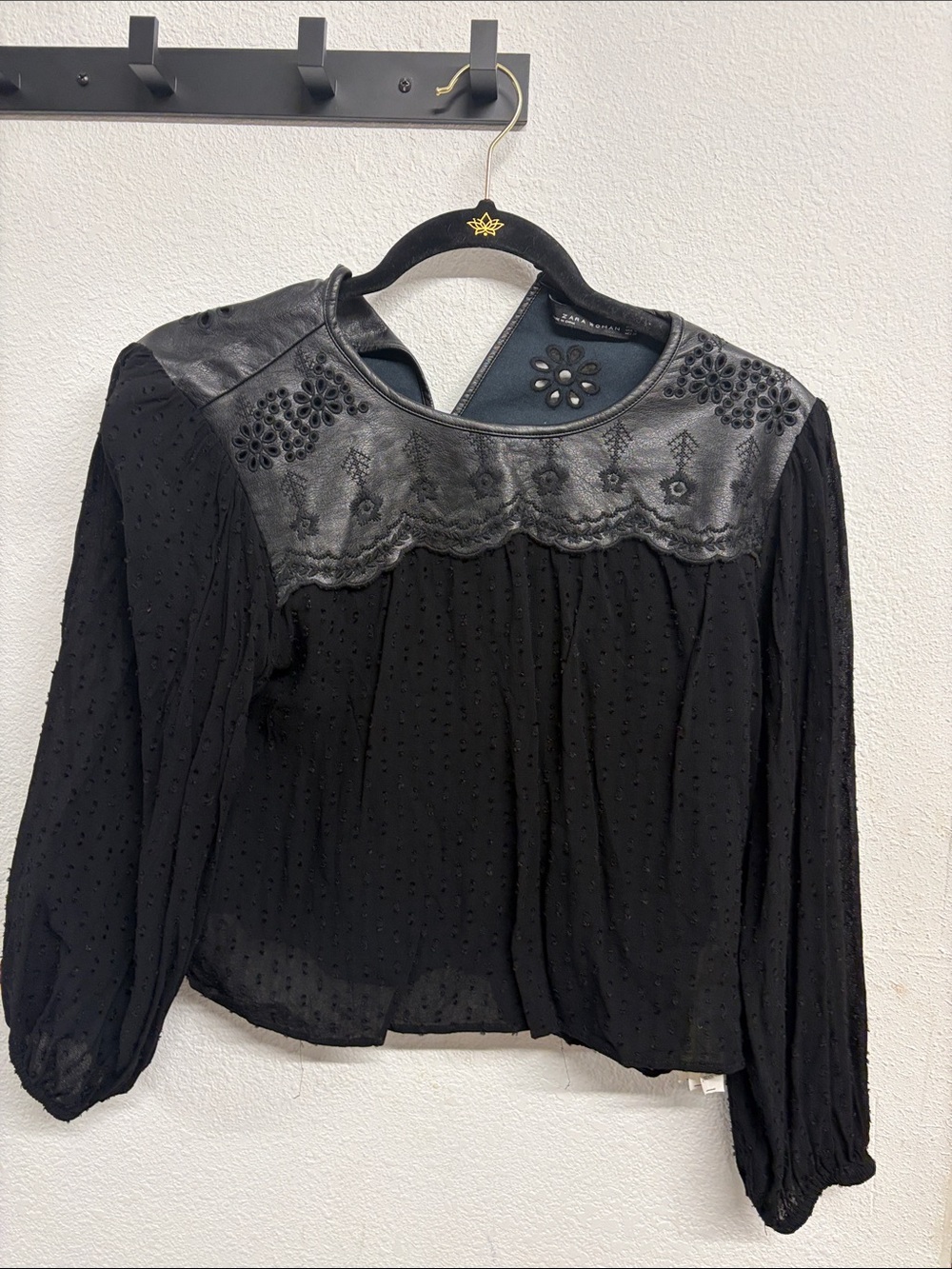 Zara Black Embroidered Yoke Long Sleeve Blouse
